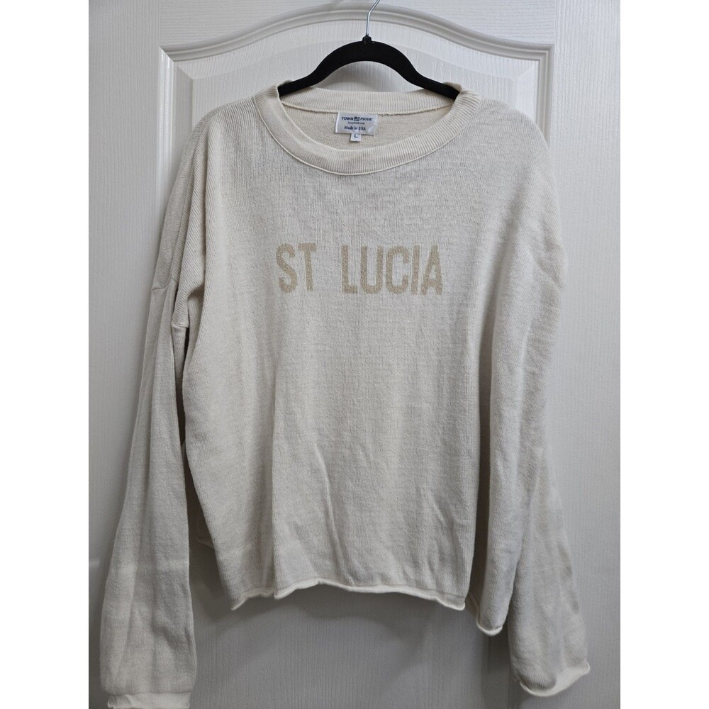 โTown Pride St Lucia Knit Sweater Women LARGE Cream Made in USA Comfy Minimalist
